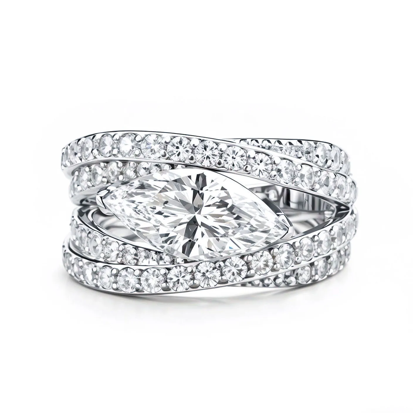 925 Sterling Silver 2CT Marquise Moissanite Ring for Women Twisted Multi Layer Pave CZ Band Engagement Wedding Fine Jewelry Gift