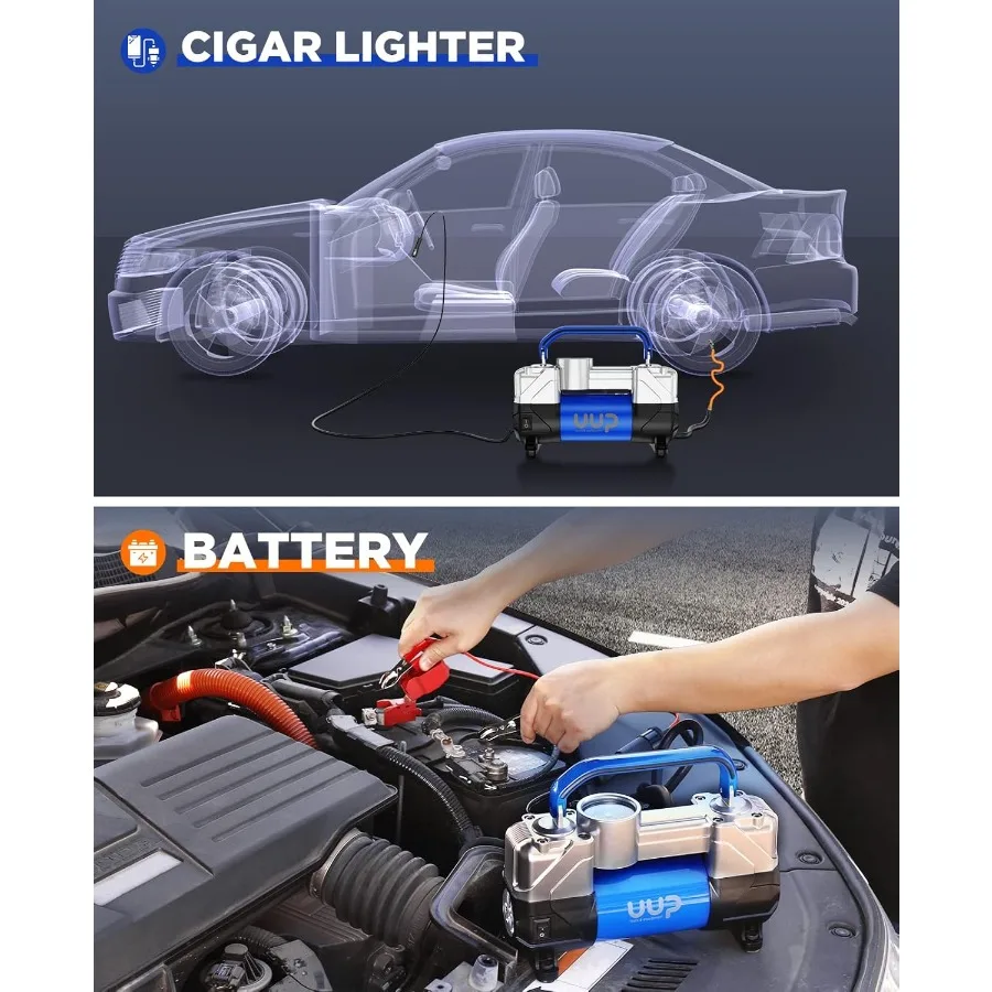 مضخة هواء محمولة شديدة التحمل مع ضوء LED للطوارئ لشاحنة SUV سيارة RV 150PSI 12 فولت تيار مستمر اسطوانات مزدوجة منفاخ لإطارات السيارة كوم