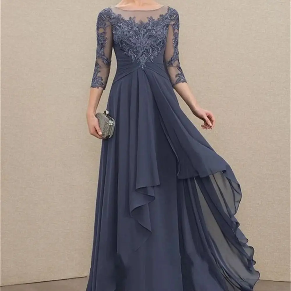 Elegante A-lijn Hals Floor Chiffon Lace Moeder Van De Bruid Jurken Met Cascading Ruches Elegante Dames Party gown