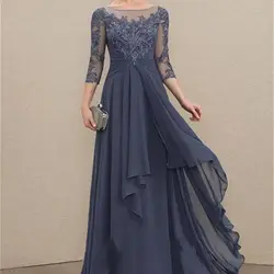 Elegante a line colher pescoço andar de comprimento chiffon renda mãe da noiva vestidos com babados em cascata elegante vestido de festa das senhoras