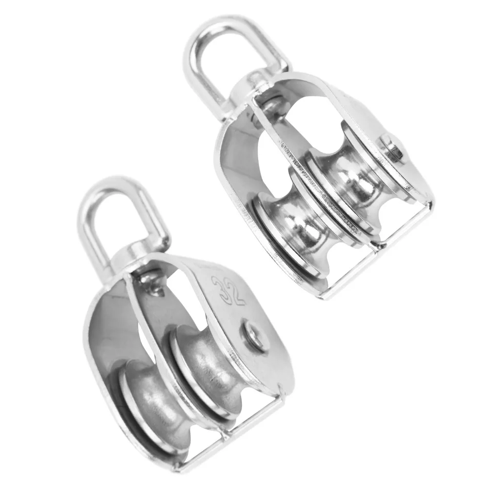 2pcs M32 Double Pulley Block 304 Stainless Steel 360 Degree Rotation Roller Wheel Pulley Swivel Hook Pulley Lifting Crane