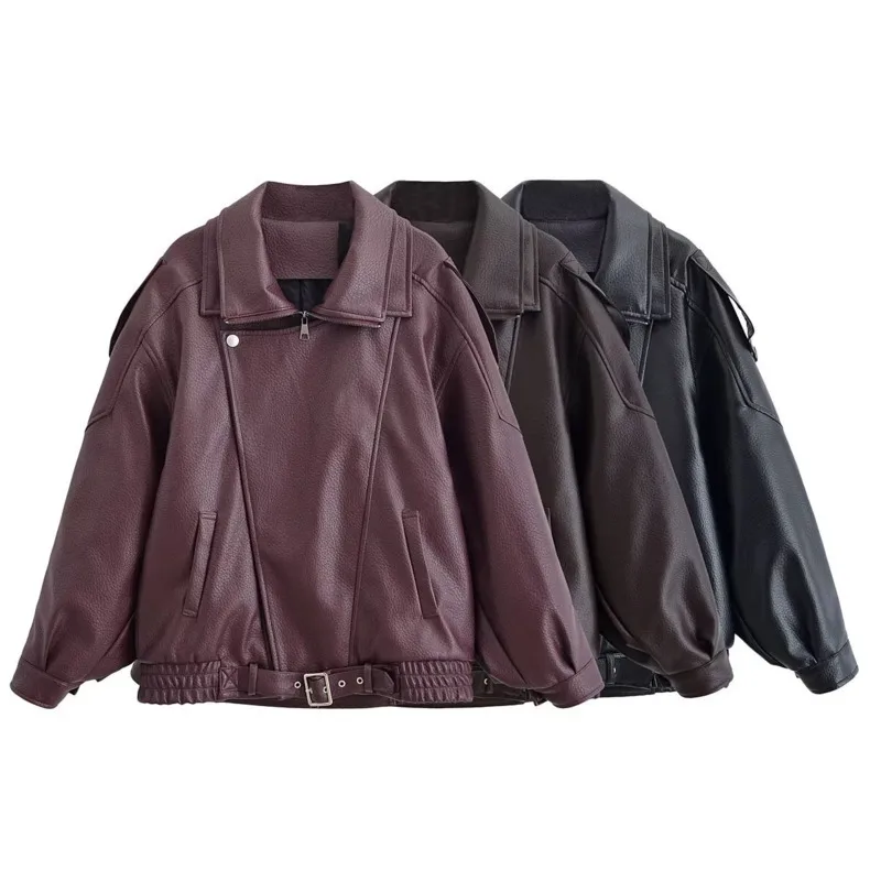 EAEOVNI High Street Leather Jacket Women Fashion Lapel Patchwork Zipper Design Gathered Waist Coat Streetwear New Clothing