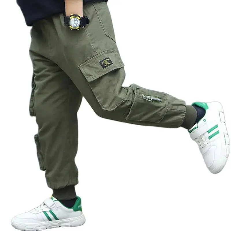 Autumn Boys Work Pants Military Green Cotton Trouserss Kids Teenager Sport Pant Spring Children Casual Clothes For 3-12 Year Old