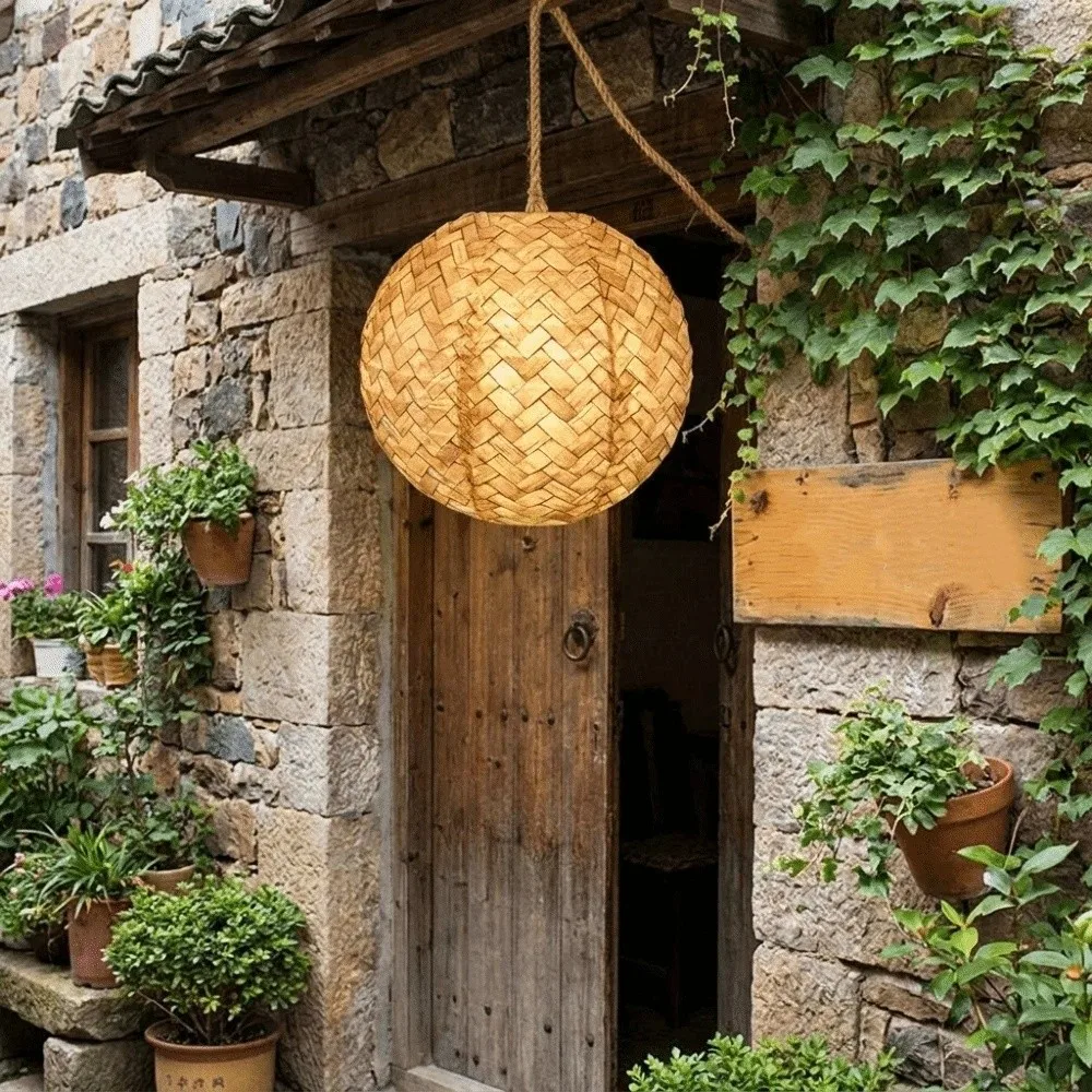 Imitation Bamboo Woven Round Paper Lanterns Handmade Rustic Hanging Lanterns Foldable Hanging Lamp Ball Lantern Festival