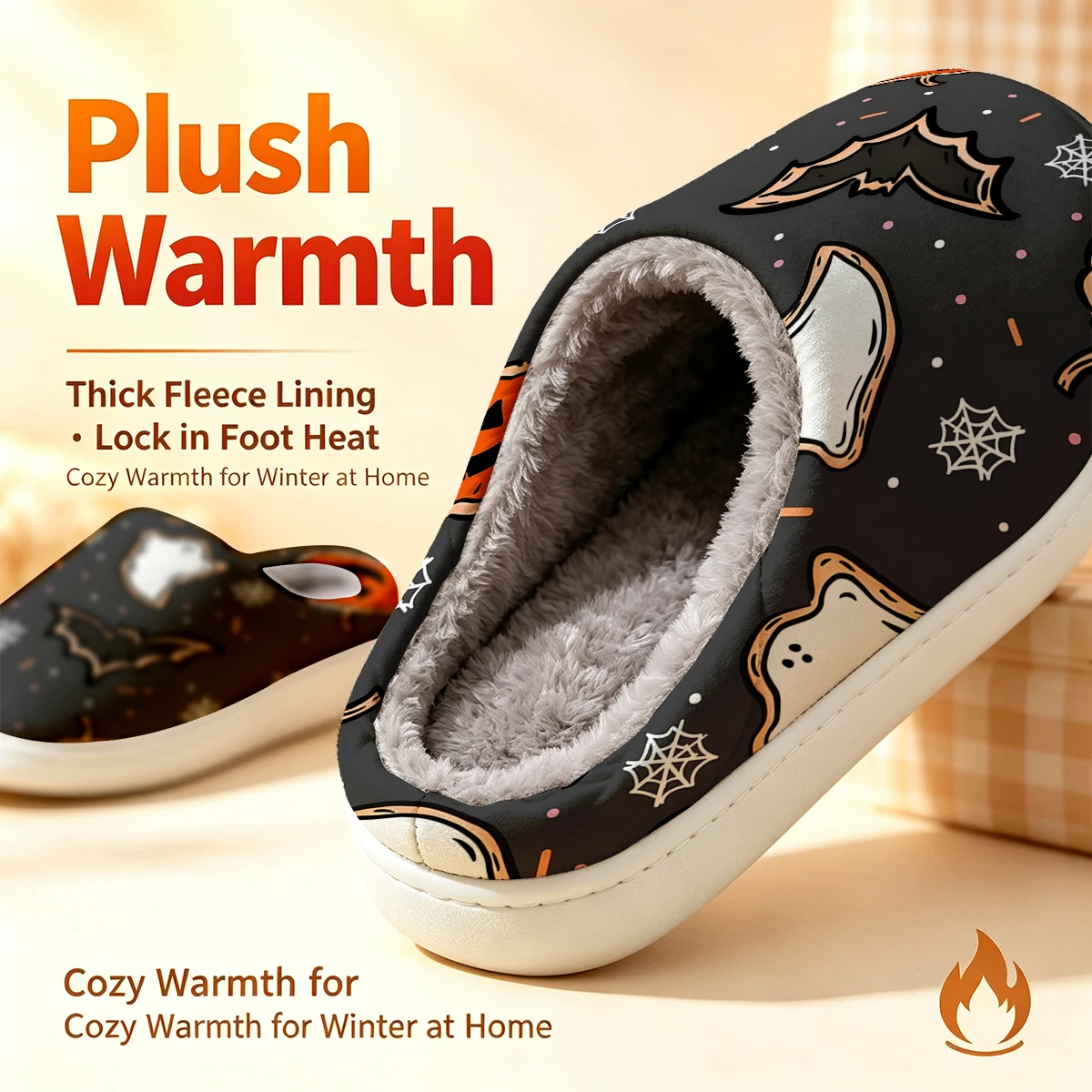 Halloween Cookie Pattern Christmas White Slippers Warm Plush Indoor Shoes Non-Slip Winter Slippers Family Holiday Gifts Soft