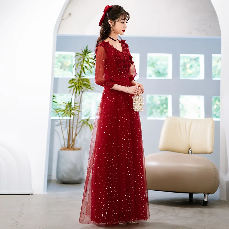 Robe de soirée bordeaux à col en V avec appliques en tulle, robes de fiançailles élégantes, manches trois quarts, ligne A, dos nu, robe de soirée formelle