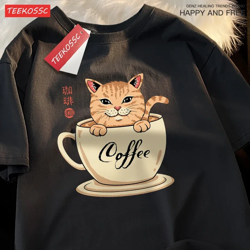 

Japanese Harajuku Coffee Cup Cat Print Tshirt Fashion Tee Clothes Casual Summer T-Shirt Breathable T-Shirts graphic t shirts