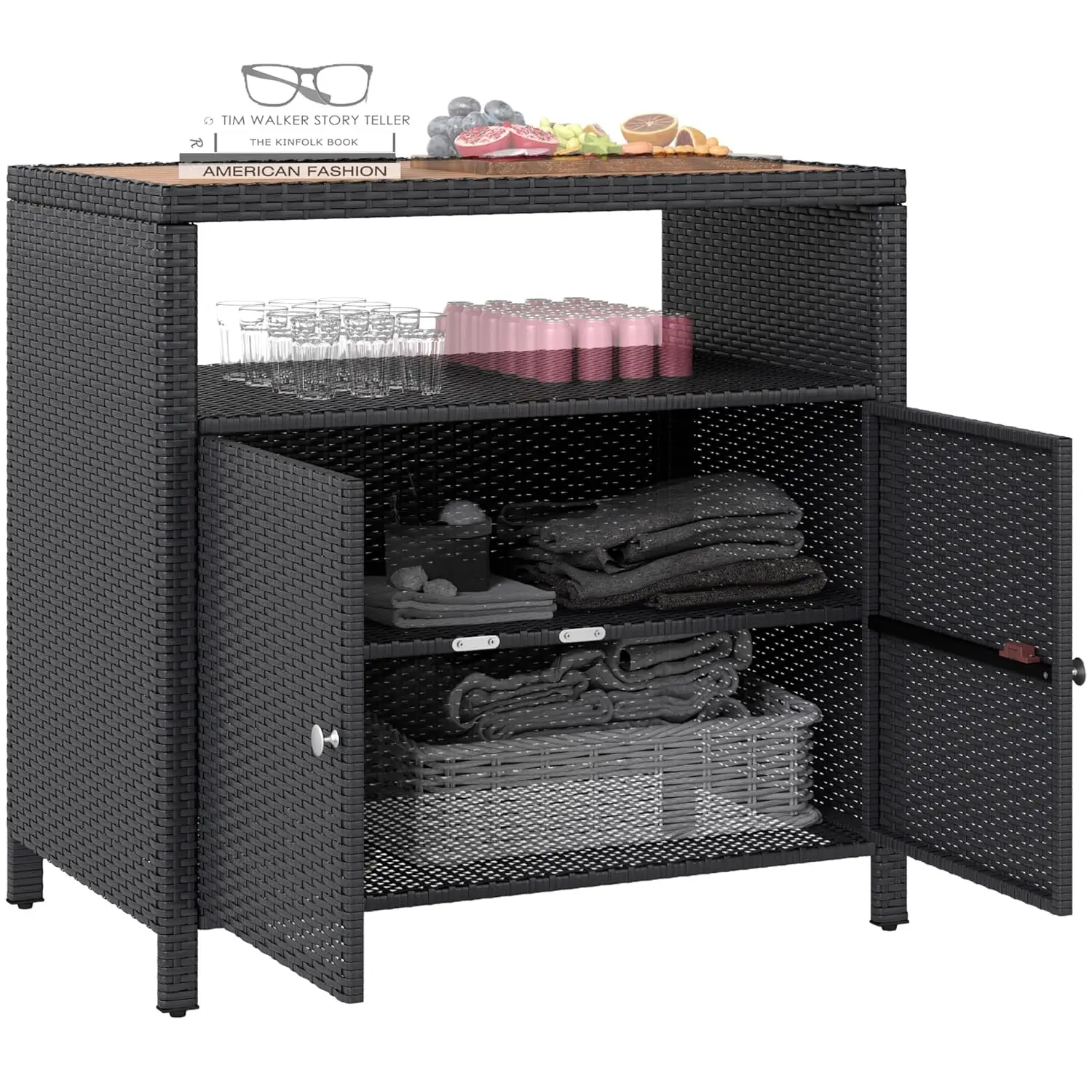 

Rattan Outdoor Storage Cabinet Bar Table Acacia Wood Top 2 Door Shelf Buffet Sideboard Pool Garden Patio Backyard Customized
