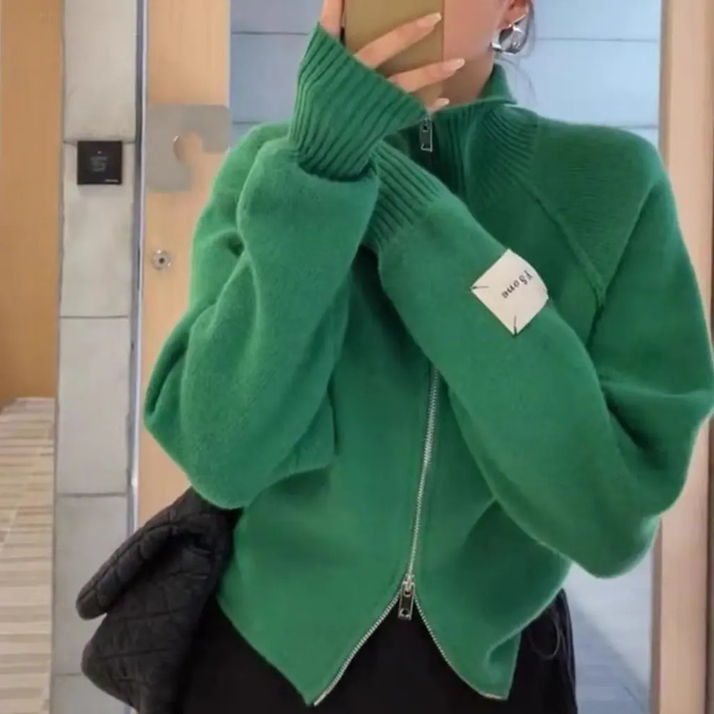 

Женский двуглавый кардиган на молнии, вязаный свитер с длинными рукавами, пальто, простой однотонный повседневный топ на осень-зиму