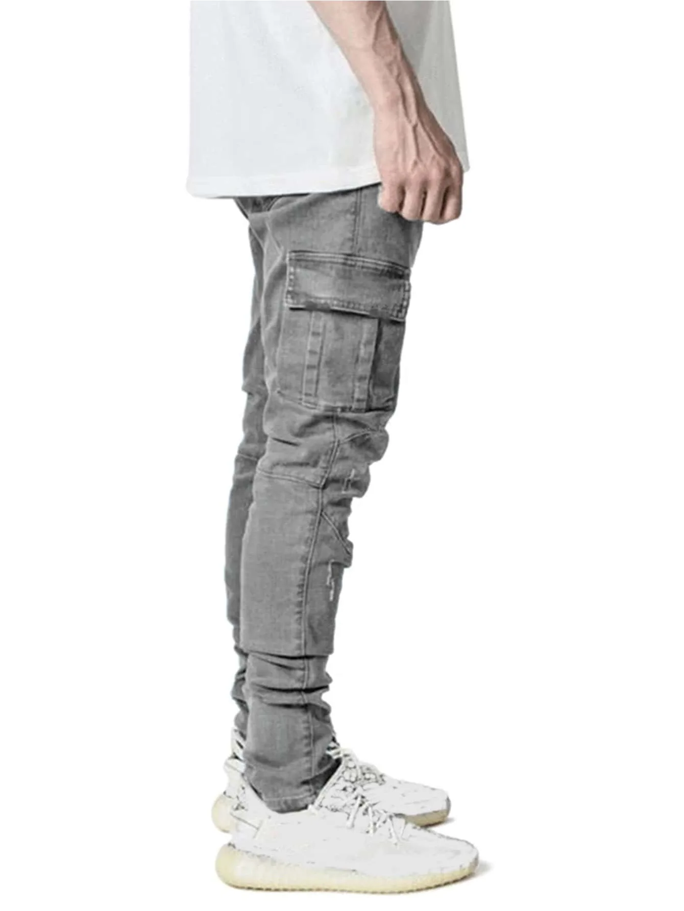 Heren Jeans Cargo Potlood Broek Hoge Taille Denim Enkellengte Rits Schede Zakken Slanke Lichte Streetwear Effen Kleur