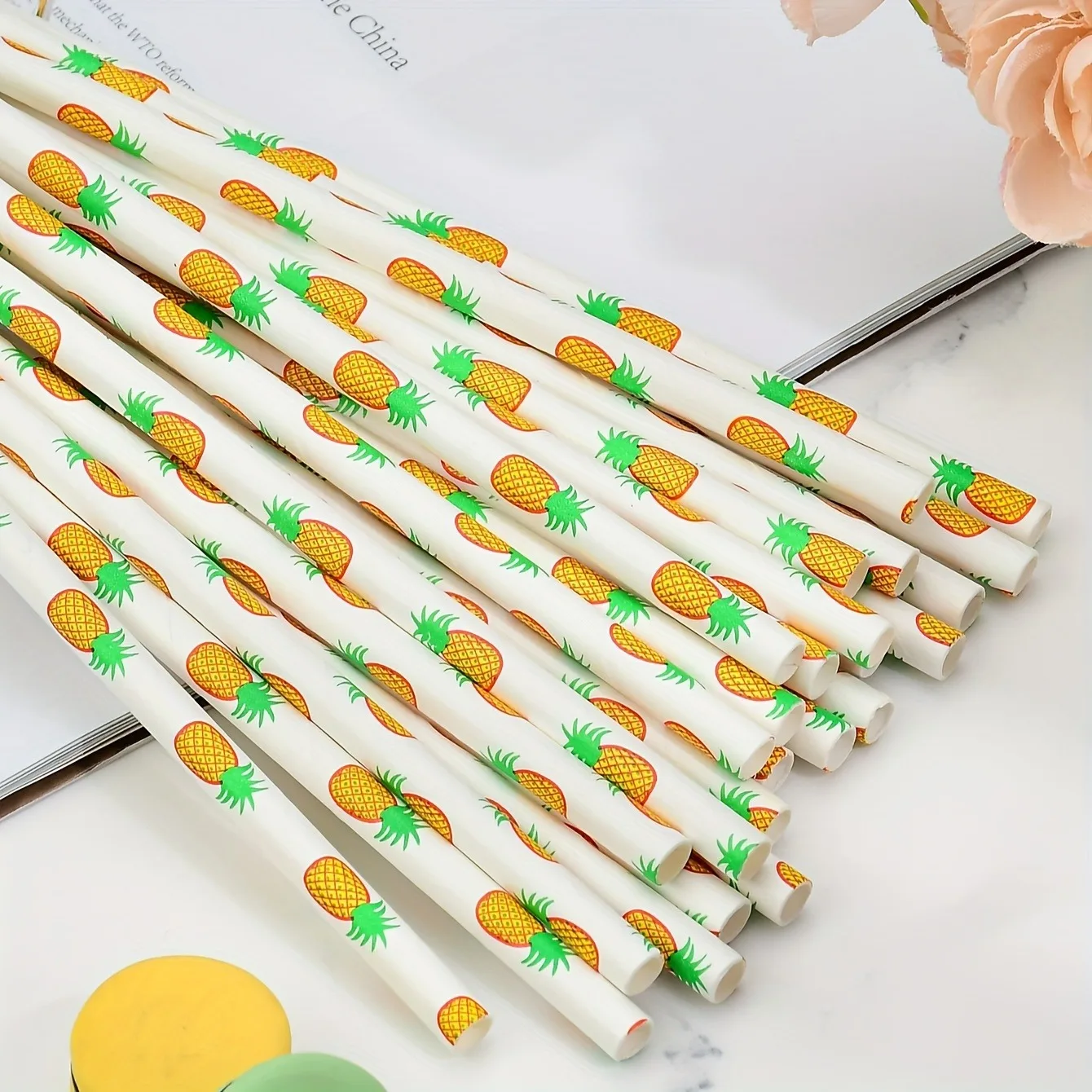 6*197mm disposable pineapple pattern paper straws flat bulk durable 100pcs pack food grade straws milk cocktail appropriate