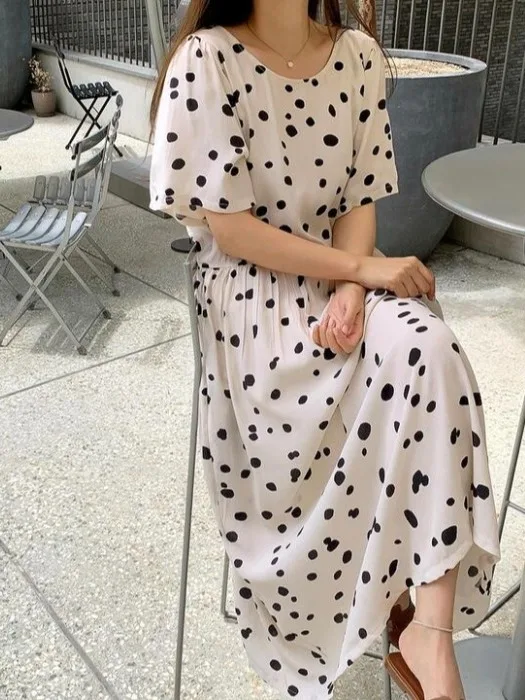 Chic Summer Vintage Anti-età rotondo Ne Loose Casual Splicing Pieghettato Colore Blo Polka Dot Or Sve Dr Donna