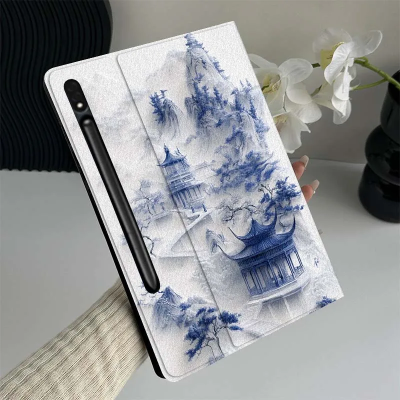 

Blue and White Porcelain Landscape Gift For Samsung Galaxy Tab S10 S9 S8 S7 Lite FE Plus Scratch resistant Pen Tray Tablet Case