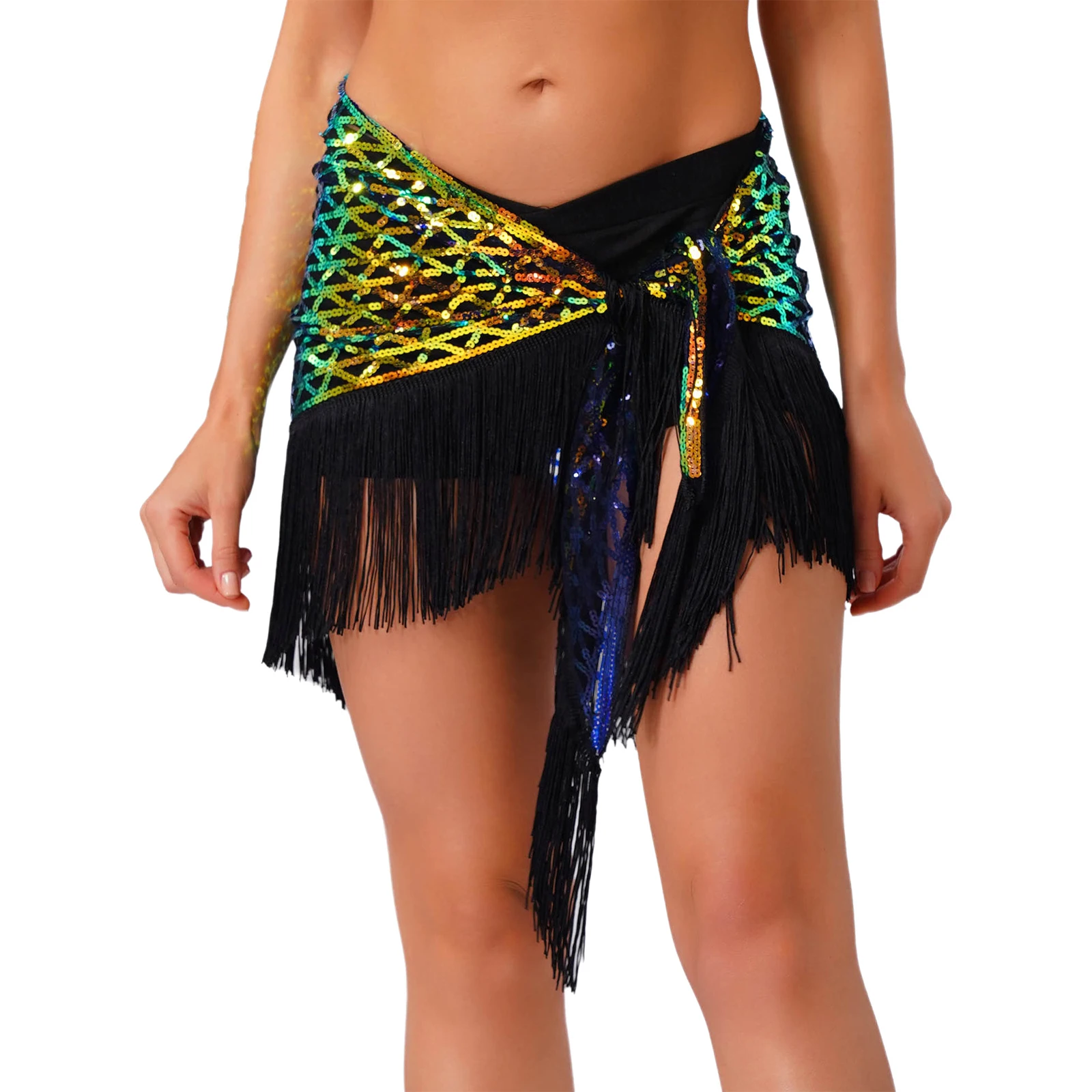 Frauen Pailletten Bauchtanz Hüfttuch Glitzer Quaste Fransen Dreieck Schnürrock Taillenkette für Latin Flamenco Spanischer Tanz