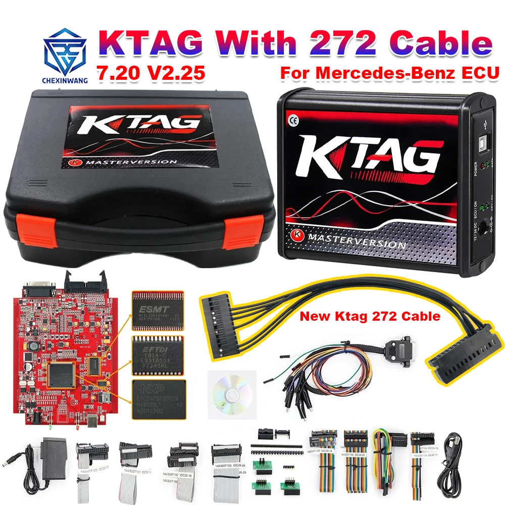 

KTAG V7.020 V2.25 EU Red PCB ECU Programmer With New Ktag 272 ECU Dedicated Read/Write Cable Toolbox Unlimited OBD2 Tuning Tool