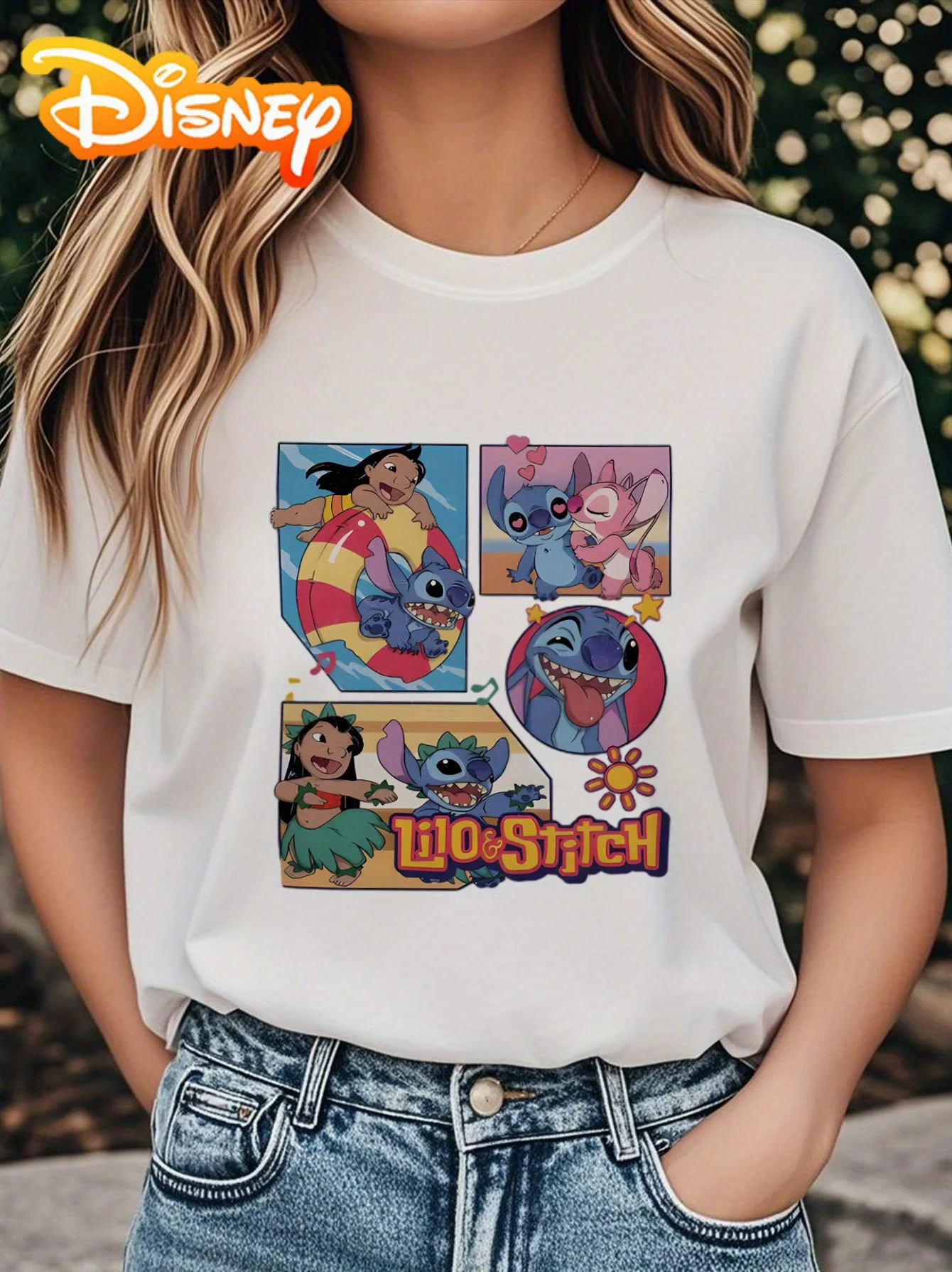 

Women's Lilo Stitch Fun Pattern Casual Round Neck Short Sleeved Top with Playful Cartoon Print for Spring and Summer Clothing