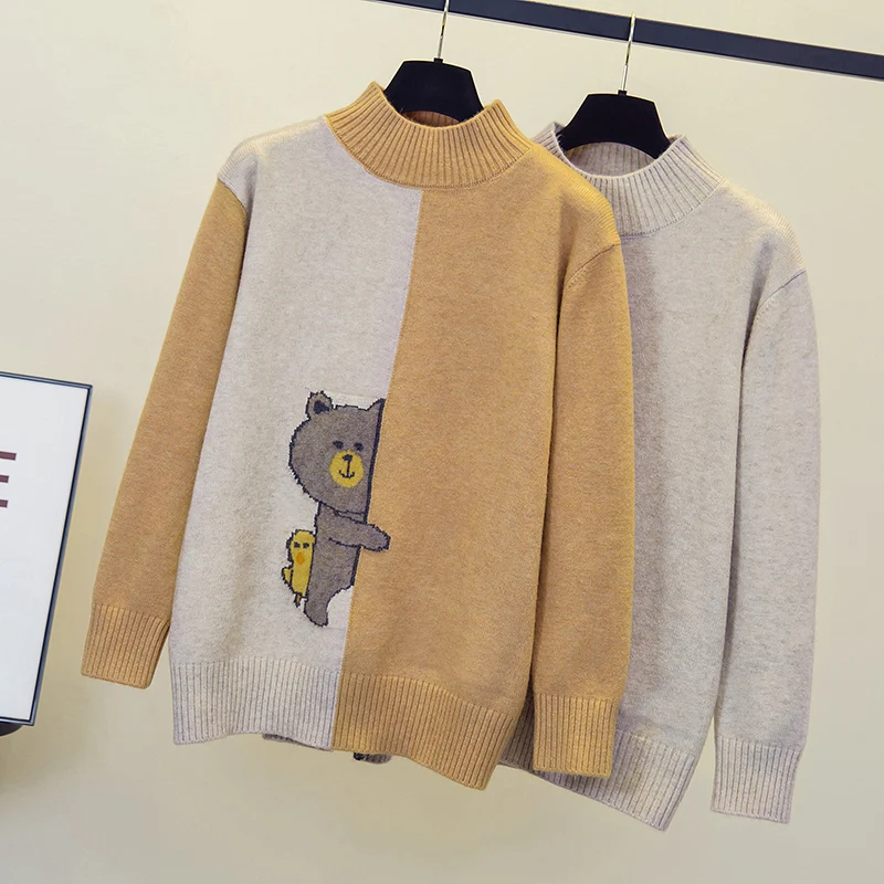 Large Size Women Half Turtleneck Sweater Pullover 2022 Long Sleeve Cartoon Print Patchwork Kintting Top Autumn Winter Female