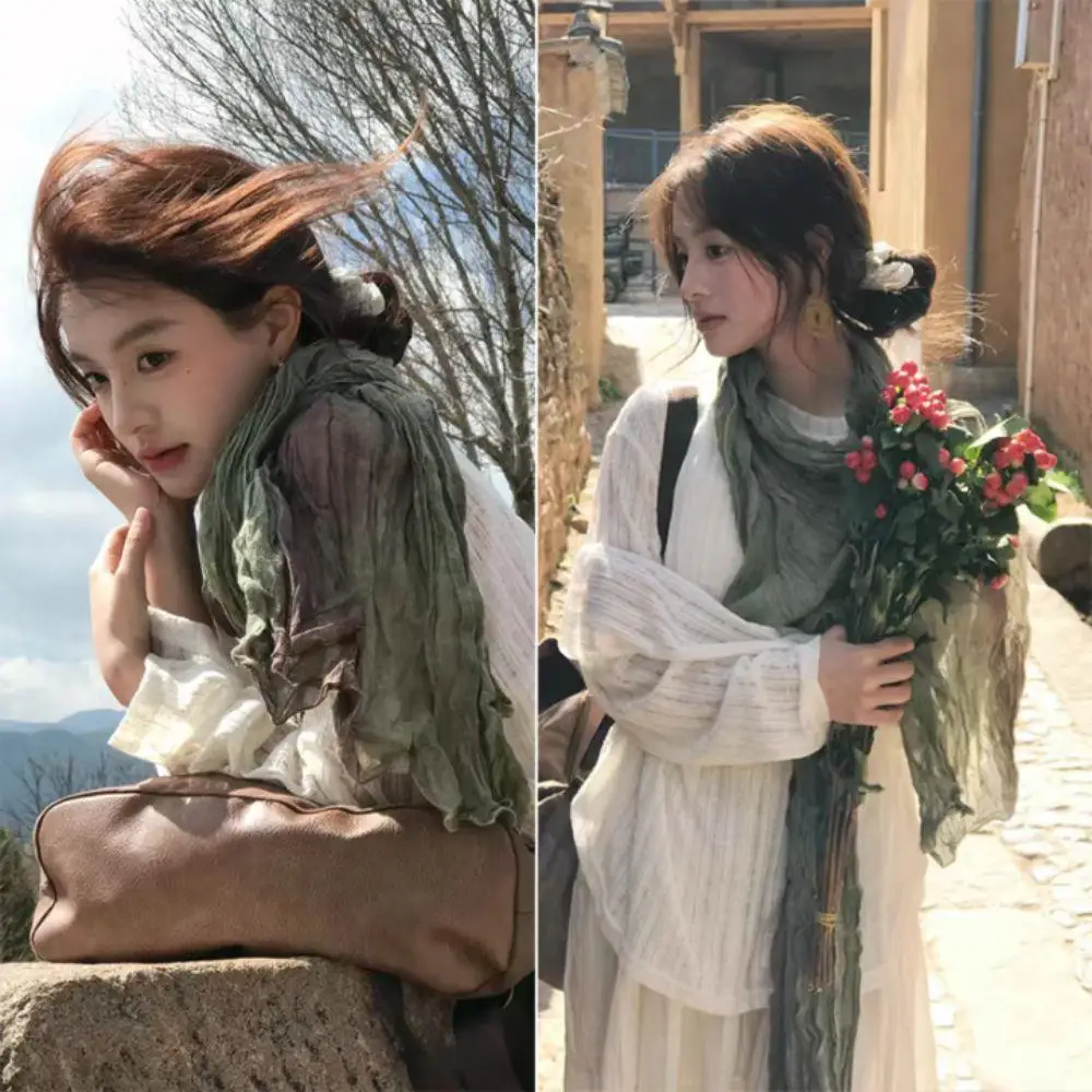 

Wrinkle Gradient Color Hijab Scarf Women Windproof Tie-dye Headscarf Cotton Hemp Pleated Scarves Soft Turban 180x90cm Bandana