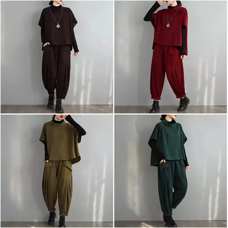 Mode großes Set für Frauen neue Herbst koreanische Harems hose Stehkragen Halbarm Pullover Top zweiteiliges Outfit k2270