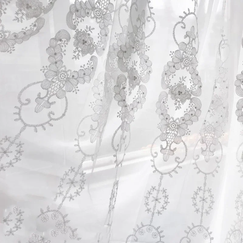 Tenda in tulle ricamata con perle bianche romantiche francesi per la decorazione del soggiorno Tende trasparenti in voile per finestre squisite e