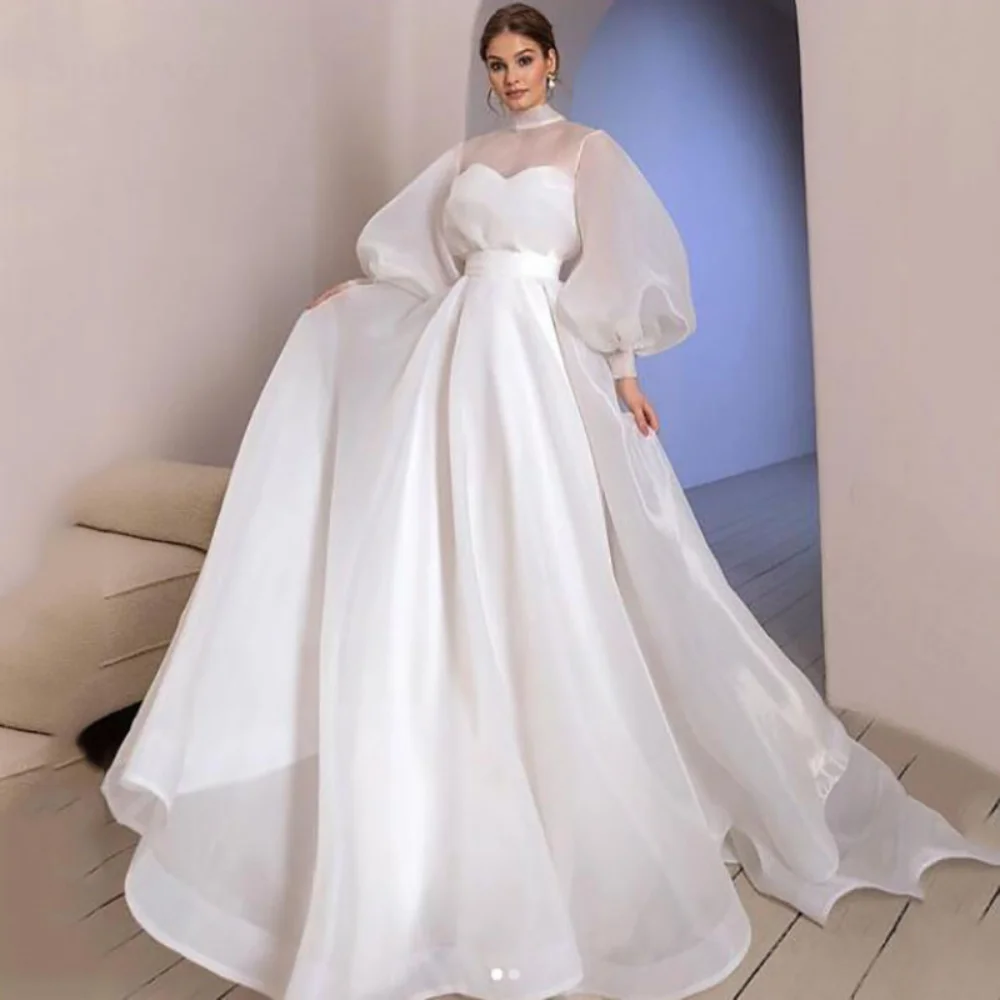 Elegant High Neck Organza Wedding Dresses Long Sleeves Puff Sleeve Bride Gown Vestido De Novia