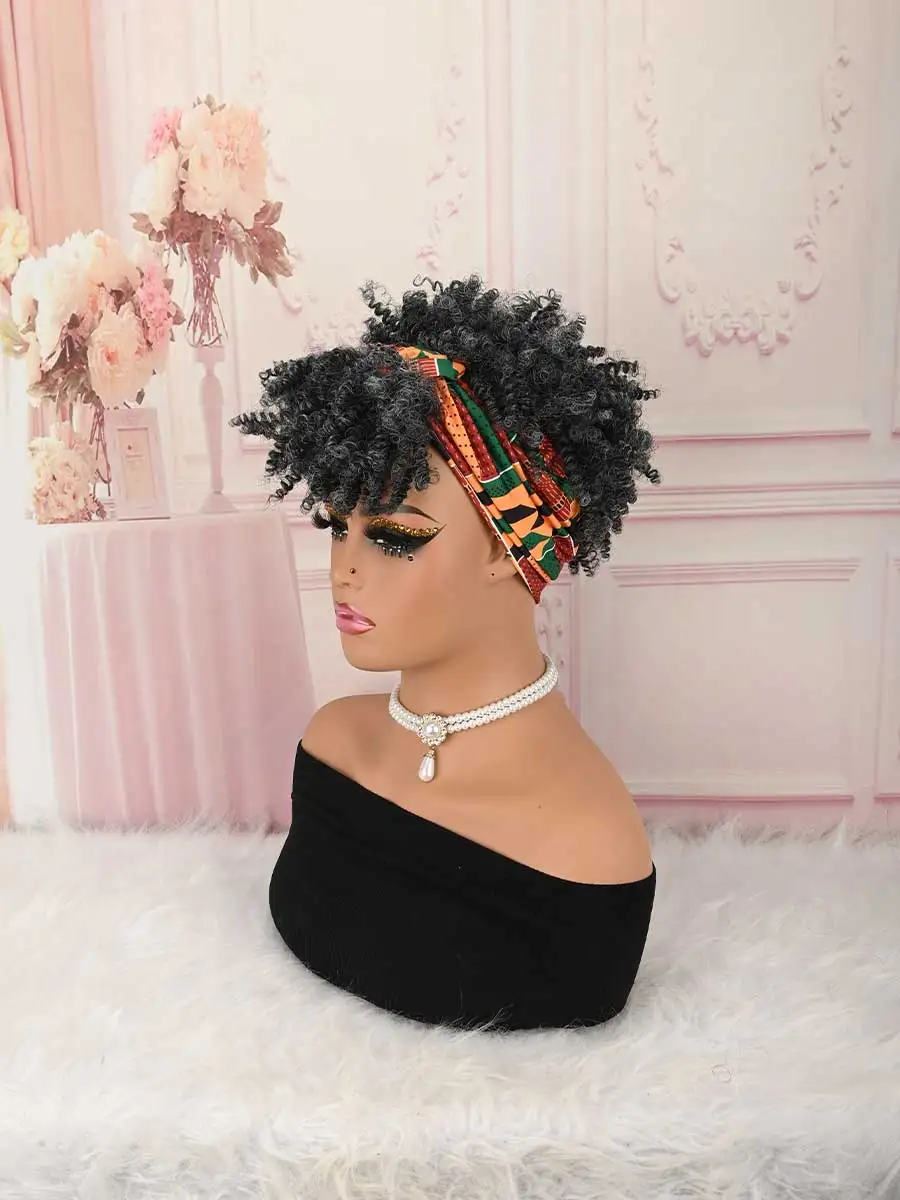 Grey Black Mix Kinky Curly Headwrap Wig, Pre-tied Glueless Turban Hairpiece for African American Women Styling Synthetic Wig - view 2