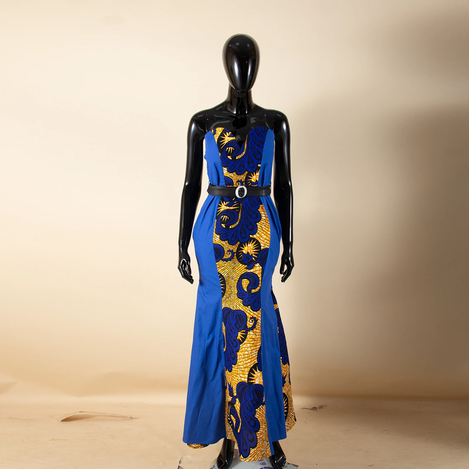 African Ankara Printed Fabric Women's Dress Strapless Sleeveless Floor-Length Patchwork Dress with Belt Elegant Fashion 2525197