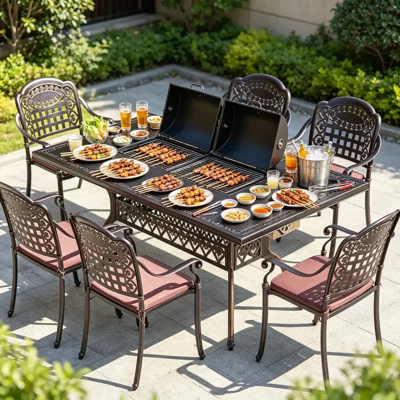 Outdoor Cast Aluminum Rectangular Double Baking Table and Chairs European Style Wrought Iron Courtyard Barbecue Hot Pot Dual