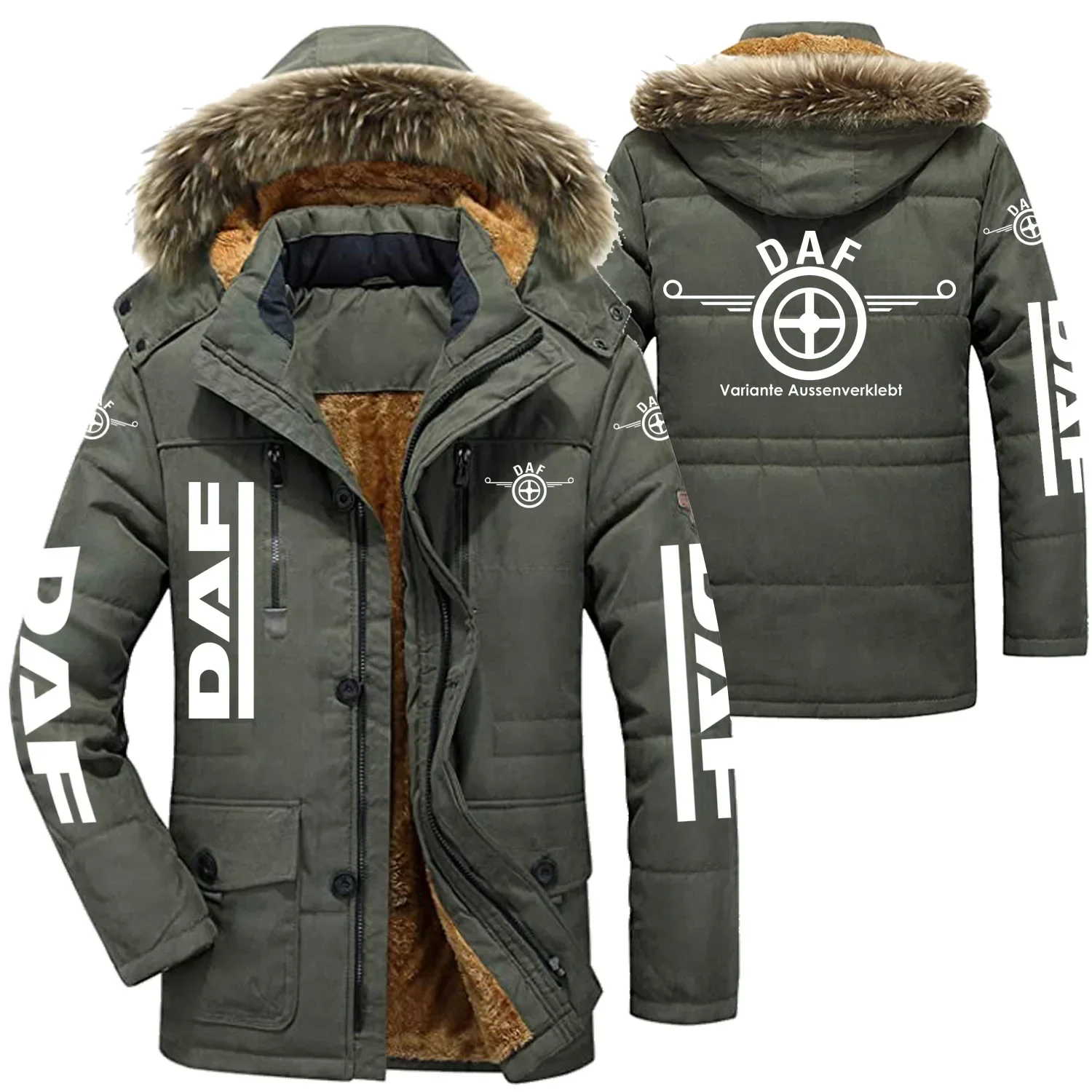 DAF Logo Men\'s Winter Cotton Jackets Hooded Parkas Lamb Fur Lining Plush Men Cold Thickening Fashion Motorcycle Jacket