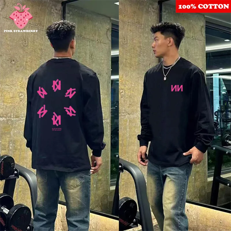 

American Hip-hop Letter Print T-shirt Men Autumn 2025 New 100% Cotton Casual Long sleeves Sports Gym Tee Top Y2k Male clothing