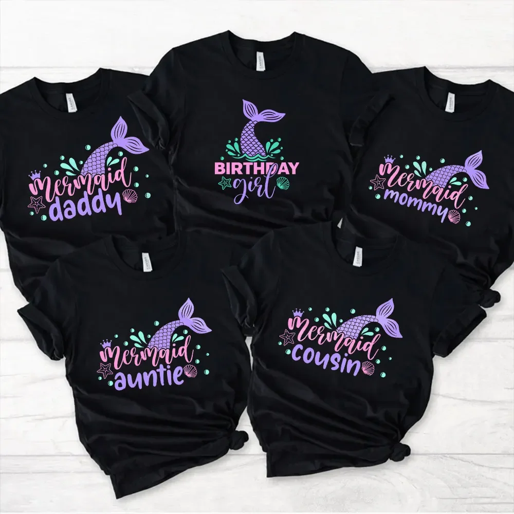 2024 Fashion Matching Family Outfits Girls Birthday Party T-shirt Mermaid Y2k Graphic Tops Unisex Streetwear Kids Black Clothing