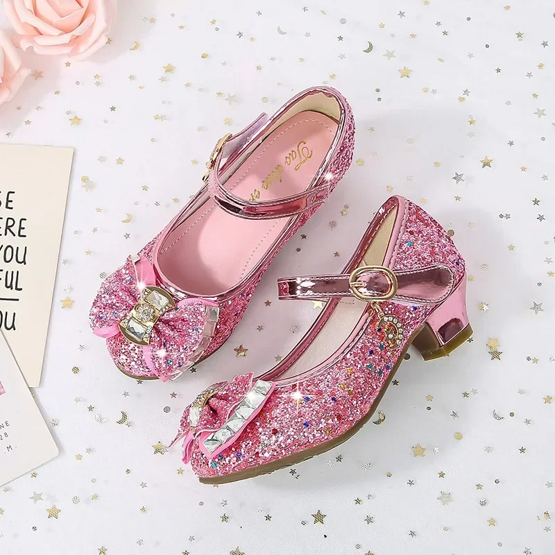 Girl Shoes Classic Bow Girl Pu Leather Shoe for Girl Party Dance Children Kids Shoe 3-14Y Princess High Heels Child Wedding Shoe