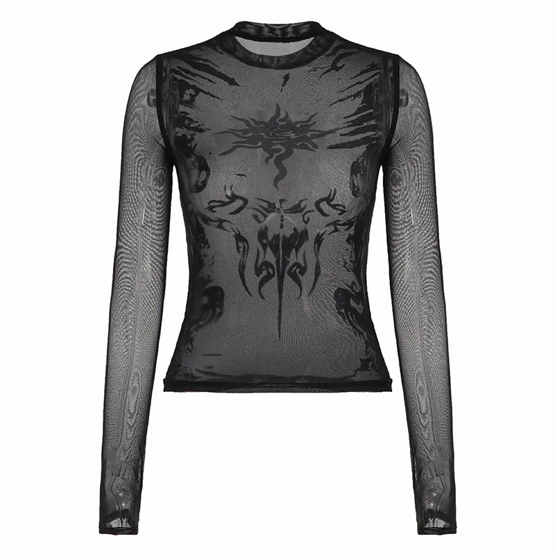 punk style embroidered sexy perspective round neck mesh spicy girl slim fit long sleeved t-shirt