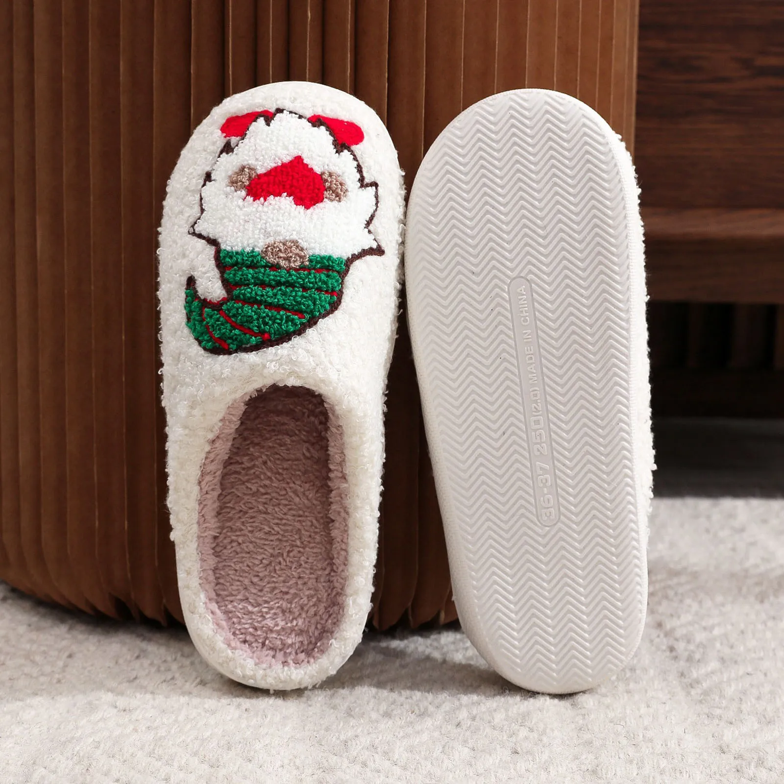 Women Prints Home Fuzzy Flat Women Furry Keep Slide Cartoon for Men Warm Toe Pary Christmas Winter On Slippers Round Slip