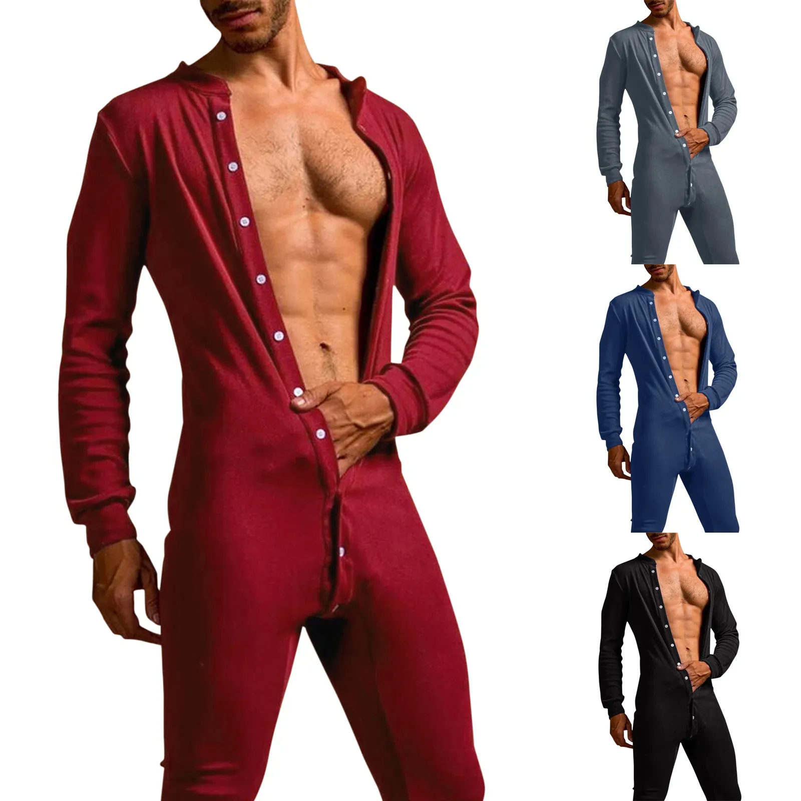 Mens Onesie Pijama Bodysuit Front Open Button Functional Buttoned Sexy Adults Jumpsuit Adult Long Sleeve Warm Home Wear Male