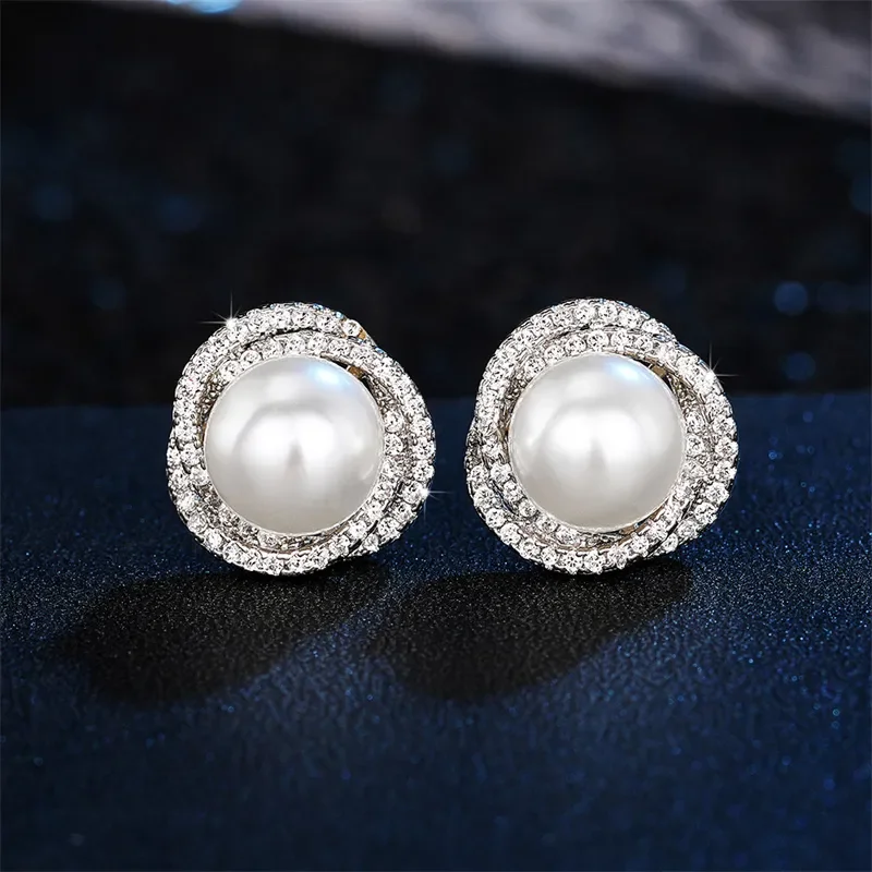 Huitan Shiny Imitation Pearl Stud Earrings Fashion Cross Design Aesthetic Women Ear Piercing Accessories Wedding Party Jewelry