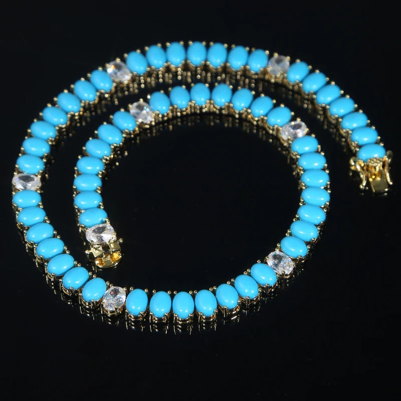 

Роскошный высококачественный Овальный Синий Бирюзовый Камень, цепь для тенниса, чокер, ошейник, Европейская мода, Женское Ожерелье