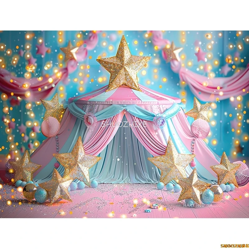 Circus Tent With Striped Canopy Popcorn Photography Backdrops Balloons Birthday Party Decor Animal Photo Studio Background SD-09