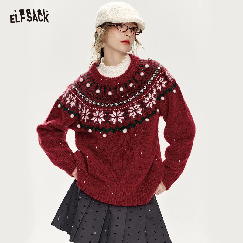 

ELFSACK 2024 Winter New Arrivals Christmas Red Loose Fair Isle knitting Thickened Sweater Women