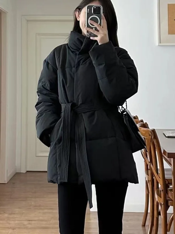 

Женский утепленный жилет Ele Bla из хлопка с поясом, новая корейская модель, маленький размер, полиэстер, для осени и зимы