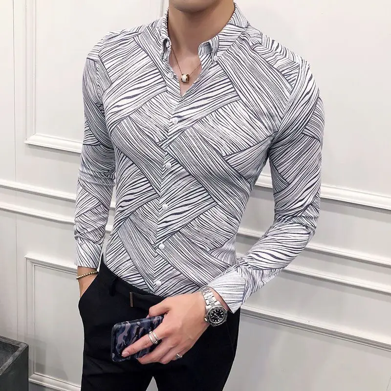 Men Clothing Korean Fashion Print Business Casual Button Down Shirt Spring Autumn Lapel Long Sleeve Slim Tops Camisas De Hombre