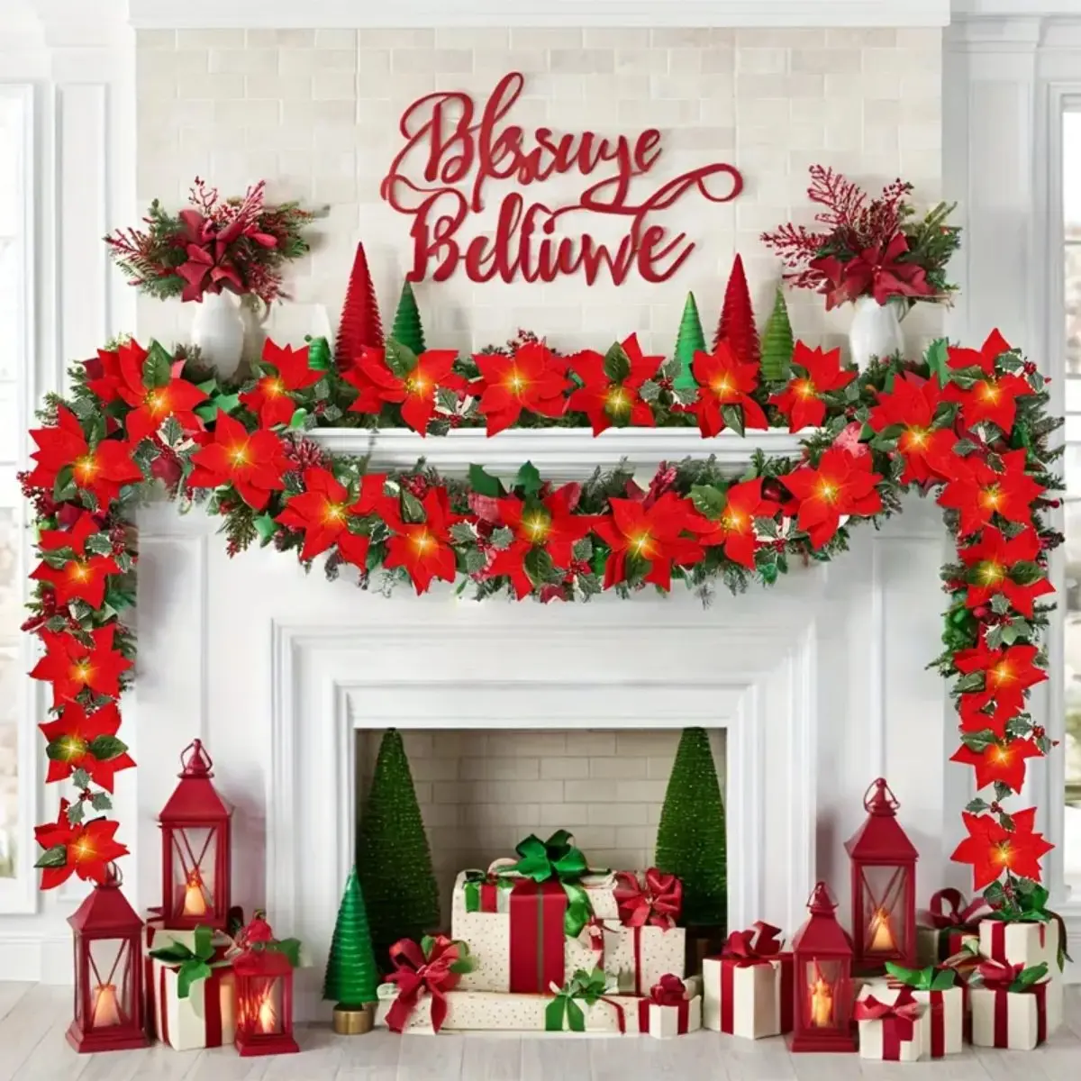 1 قطعة عيد الميلاد 10/20 LED أضواء جارلاند مع التوت الأحمر وأوراق هولي بطارية تعمل بالطاقة للمنزل داخلي الموقد عيد الميلاد الديكور