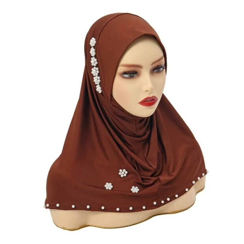 Breathable Imitation Pearl Beads Bonnet Hijab Comfortable Solid Color Instant Stretch Head Scarf Pearl Flower Easy Wear