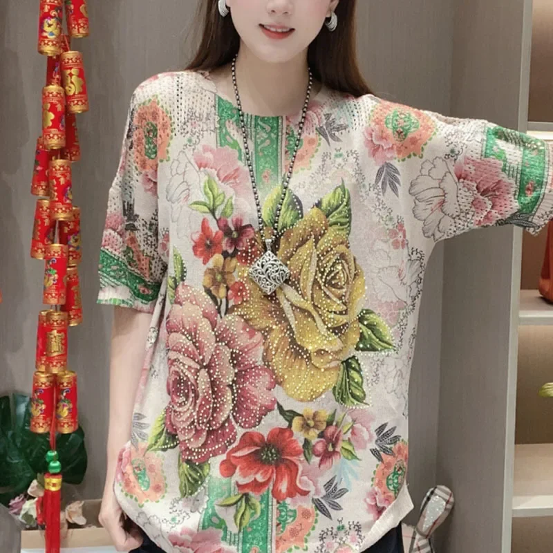 2024 Summer New Women\'s Pullovers Crew Neck Half Sleeve Printed Diamonds Loose Colorful Comfortable Flattering Tops T-shirt