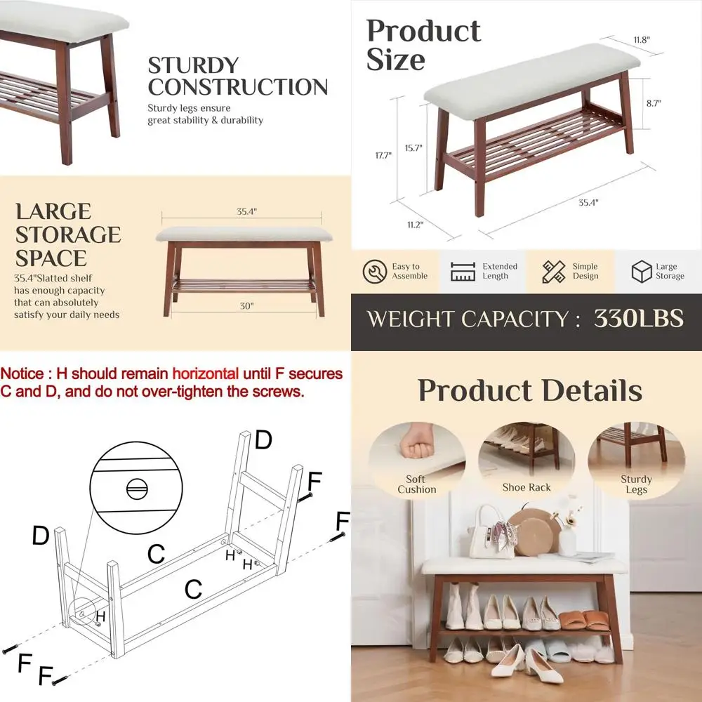 

2-Tier Bamboo Shoe Bench with Cushion, 35.4 Wide for Entryway, Bedroom, Living Room