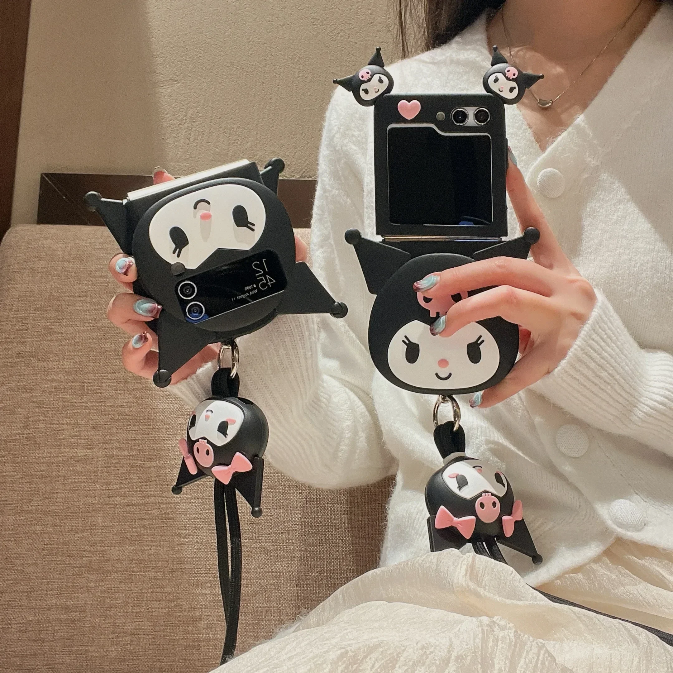 

Cute Cartoon Stereoscopic Kuromi with Lanyard Phone Case for Samsung Galaxy Z Flip 3 4 5 5G PC Hard Silica gel Soft Back Cover