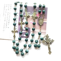 Blue Acrylic Beads Rosary Necklace Crucifix Pendant Long Catholic Jewelry For Men Women