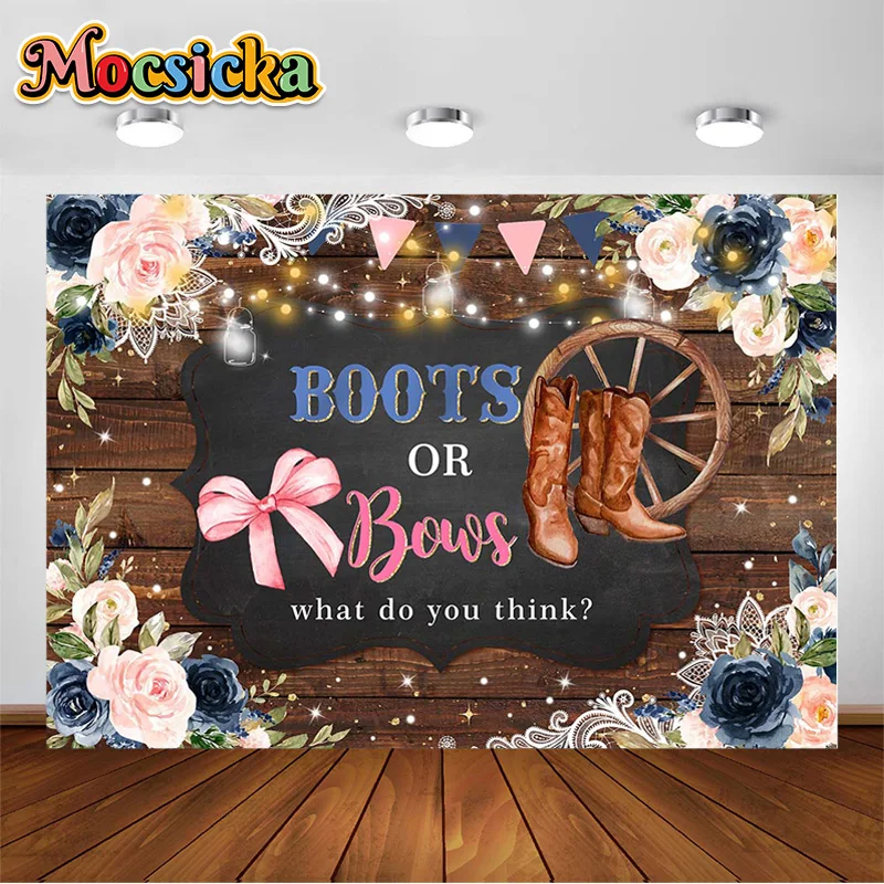 

Gender Reveal Photography Backdrops Boots or Bows Wood Board Newborn Baby Shower Photo Background Decor Studio Photo Shoot Prop