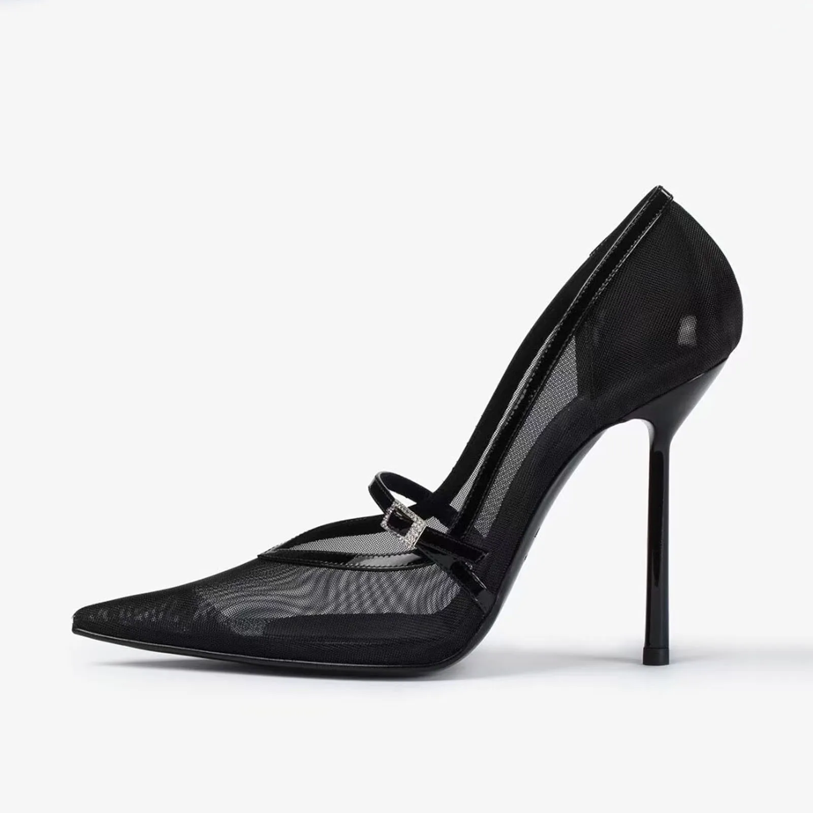 Летние сетчатые туфли на высоком каблуке с пряжкой и кристаллами для ужина, туфли на высоком каблуке с острым носком, черные туфли-лодочки на очень высоком каблуке