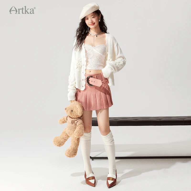 ARTKA 2023 Autumn New Elegant Handmade Crochet Flower Wool Knitted Sweater Long Sleeve White Cardigan Outerwear Female WB92332Q